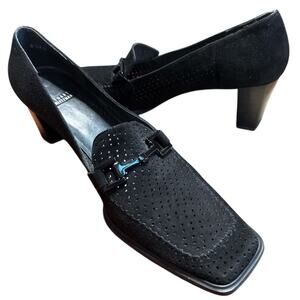 Stuart Weitzman Black Perforated Suede Square Toe Loafer Heels Pumps Shoes 8.5